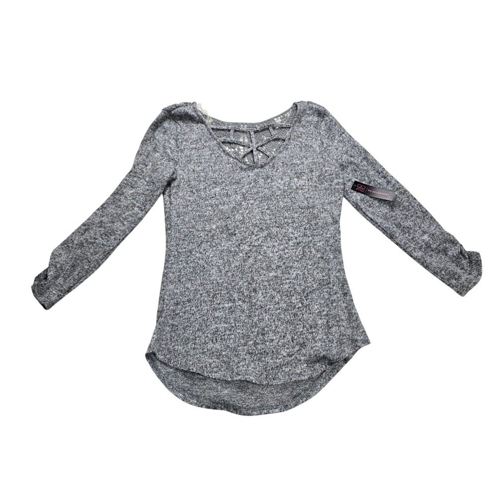 No Boundaries Crochet Lace Top Womens Small Grey NEW Long Sleeve V-Neck Knit